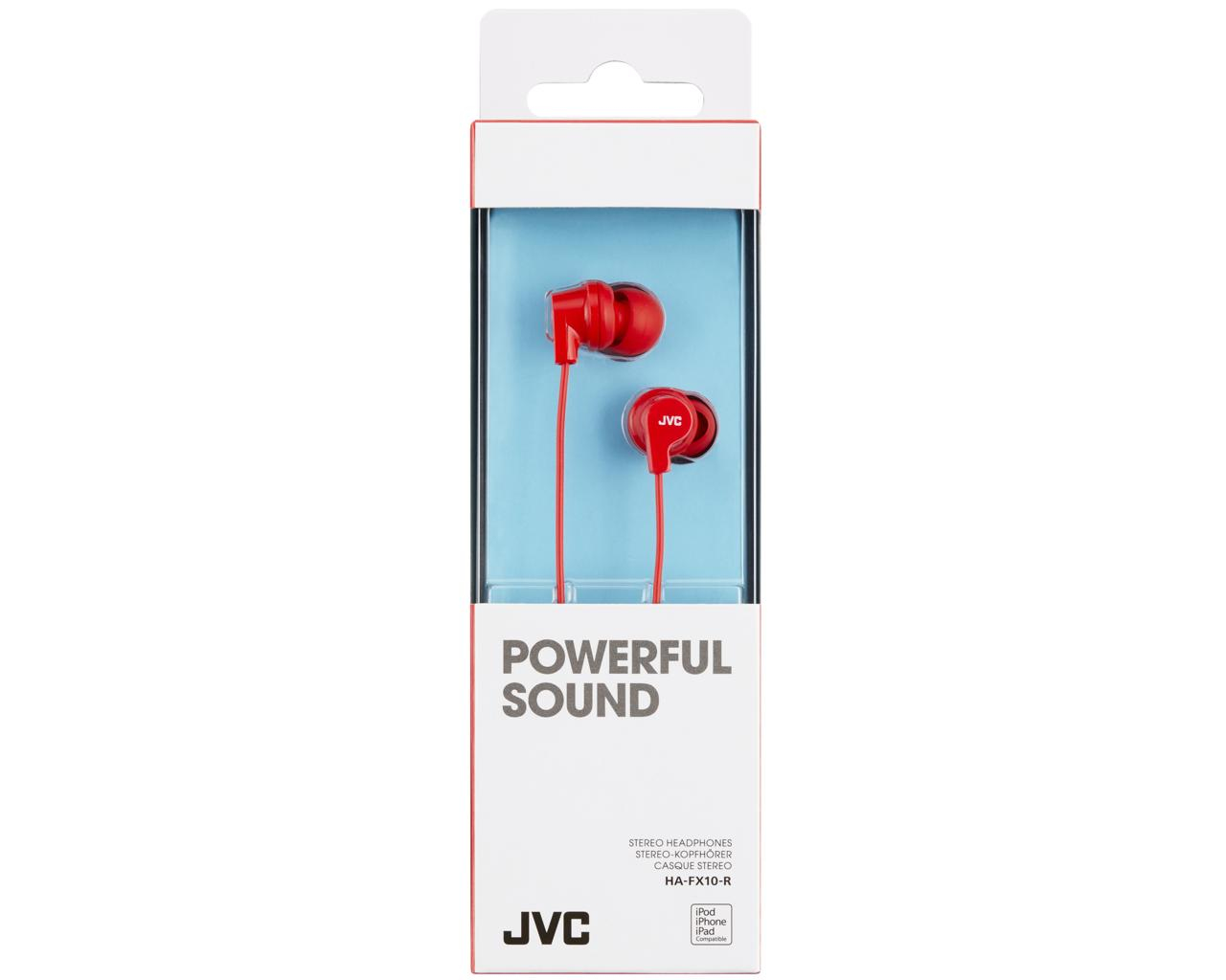 Rote Ohrhörer in einer weiß-roten Box. Der Text 'POWERFUL SOUND' ist sichtbar.