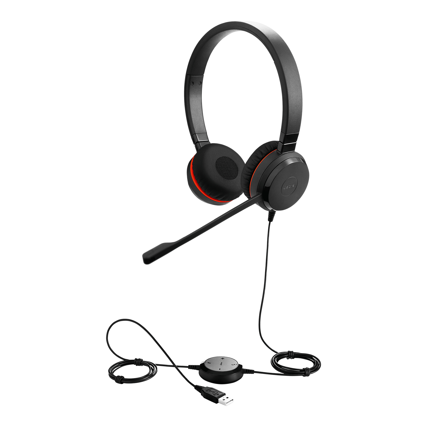 Cuffie con microfono nere e connettore USB. Sfondo bianco.