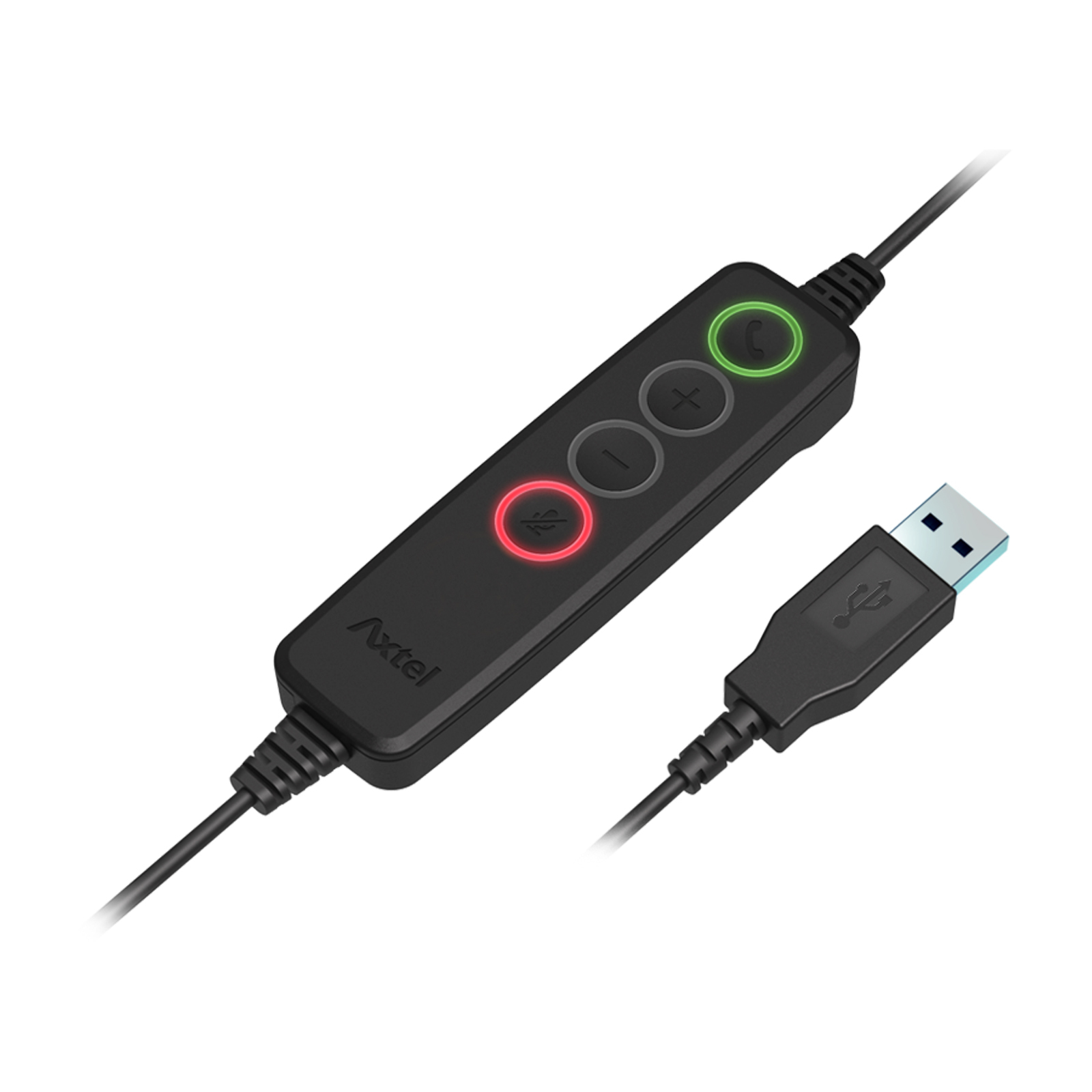 Controllo cuffie nero con pulsanti e connettore USB.