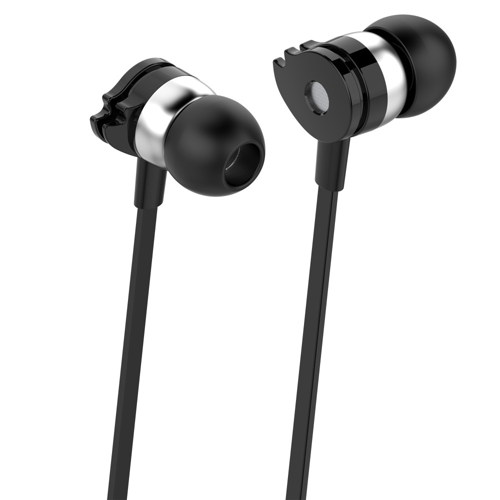 Paar zwarte in-ear oortelefoons met zilveren accenten. Zwarte draden lopen van de oortelefoons.