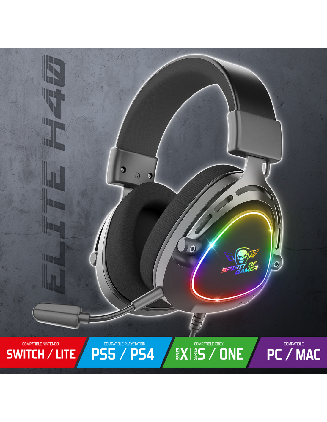 Auriculares gaming negros con luces RGB. Los auriculares están sobre una superficie gris con texto.