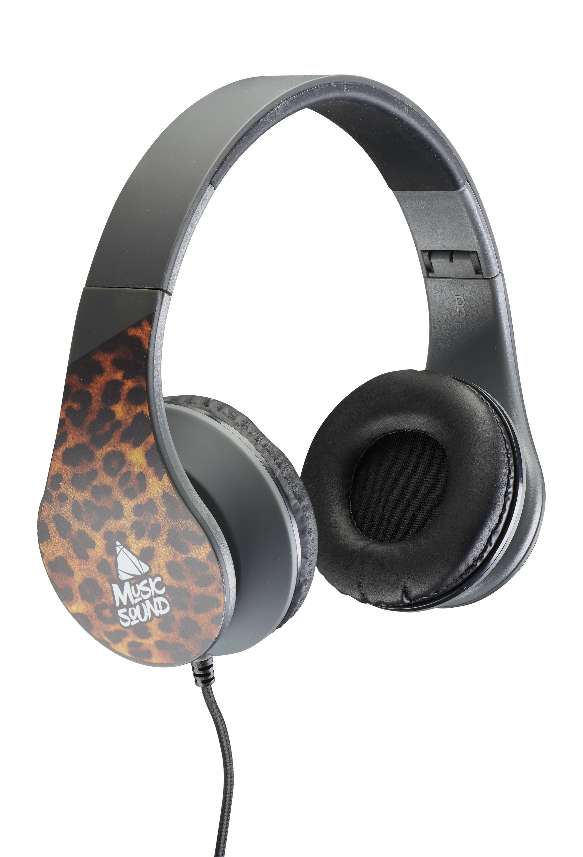 Słuchawki z nadrukiem w cętki i czarną osłoną na uszy.