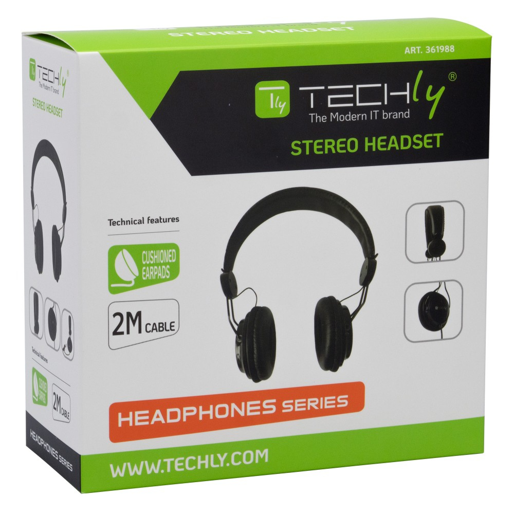 Scatola verde e bianca con immagine e testo delle cuffie. 'Headphones Series' e 'www.techly.com' sono visibili.