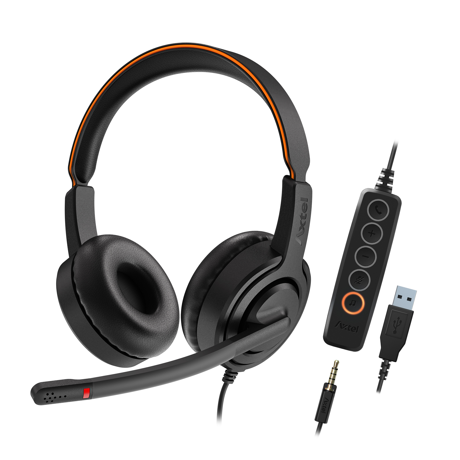Cuffie Axtel nere con dettagli arancioni e connettore USB. Modulo di controllo.