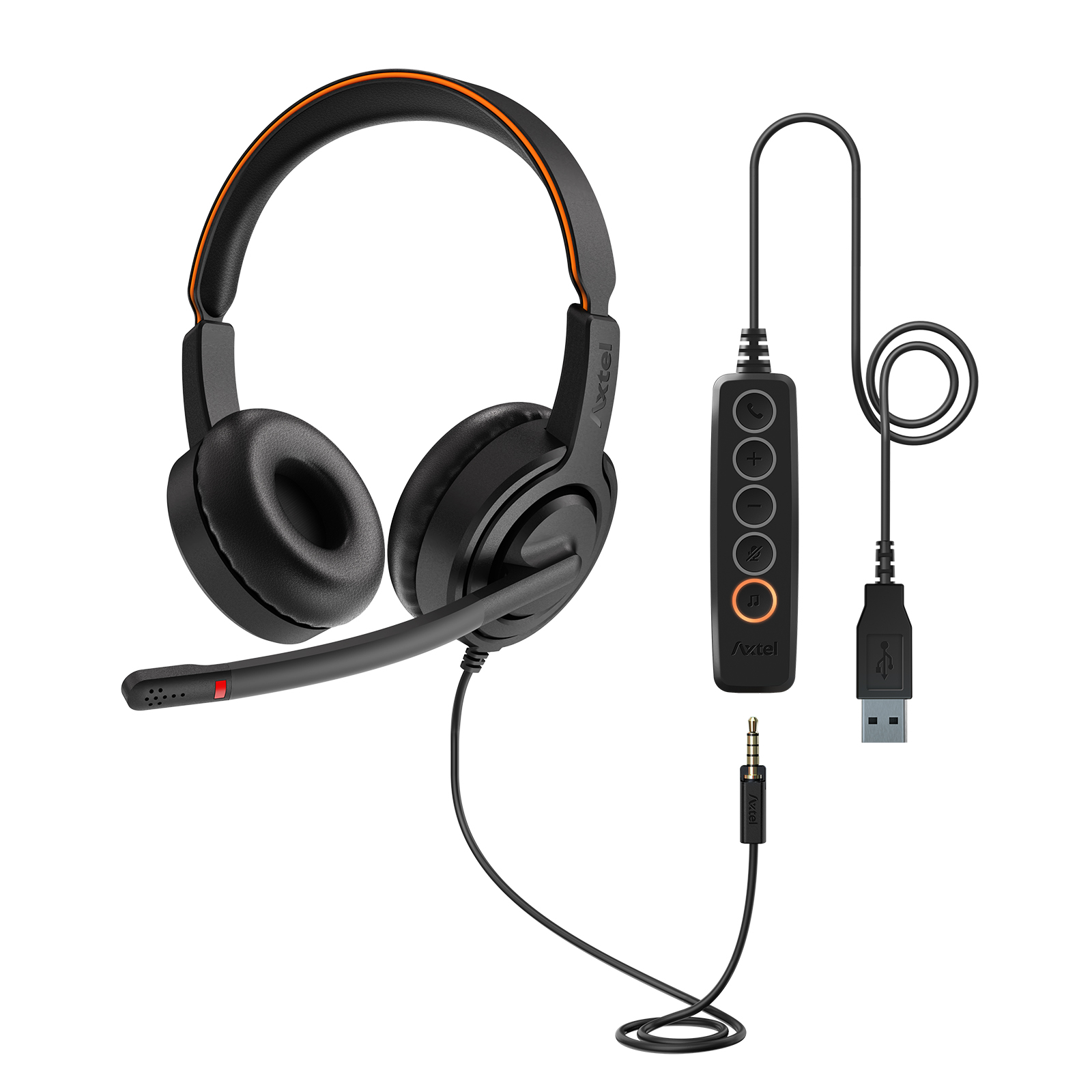 Cuffie nere con dettagli arancioni, microfono e modulo di controllo con USB e jack audio.