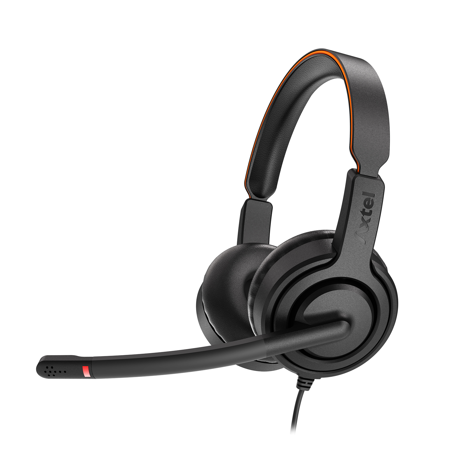 Cuffie nere con accenti arancioni. Il microfono è nero e il padiglione auricolare è di forma ovale. Il marchio è foxtel.