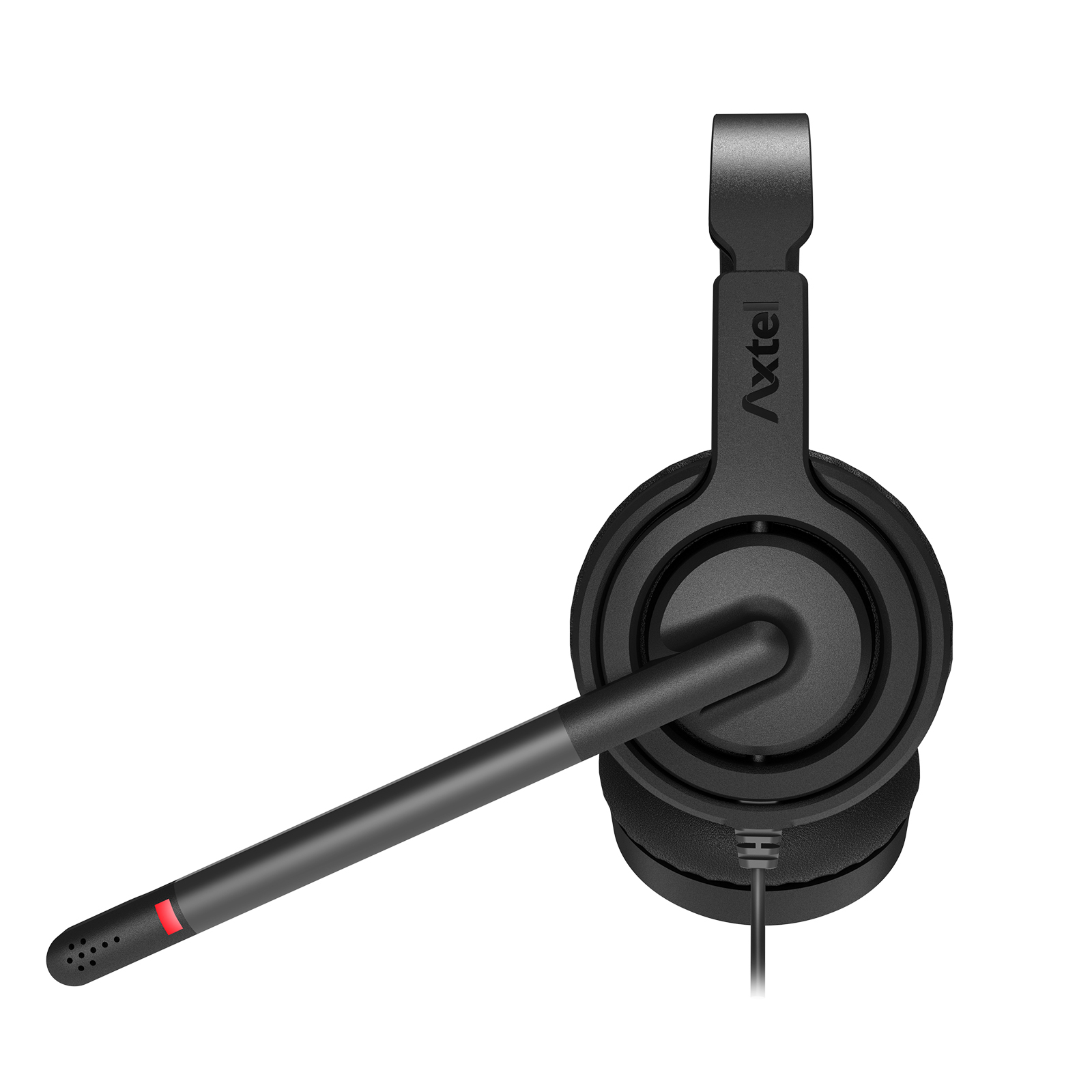 Cuffie Axtel nere con microfono. Presenta un lungo braccio microfonico e un indicatore rosso.