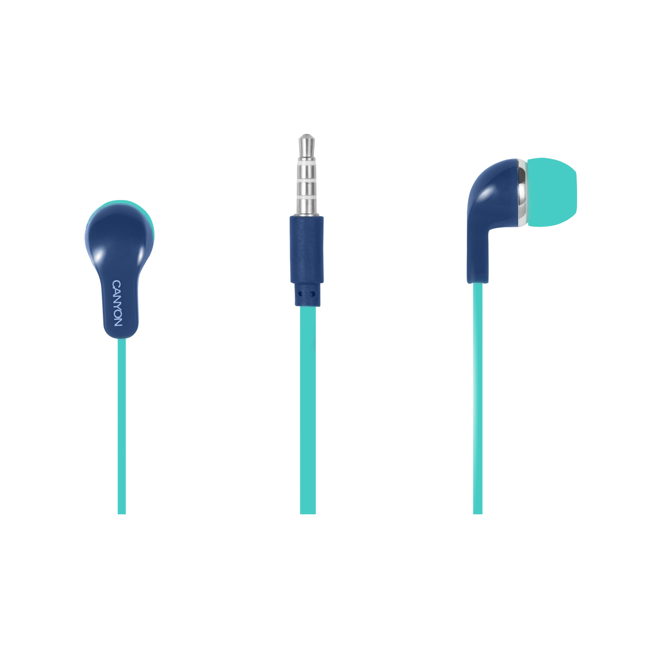 Drie oortelefoons met turquoise en marineblauwe kleuren. Eén met jack.