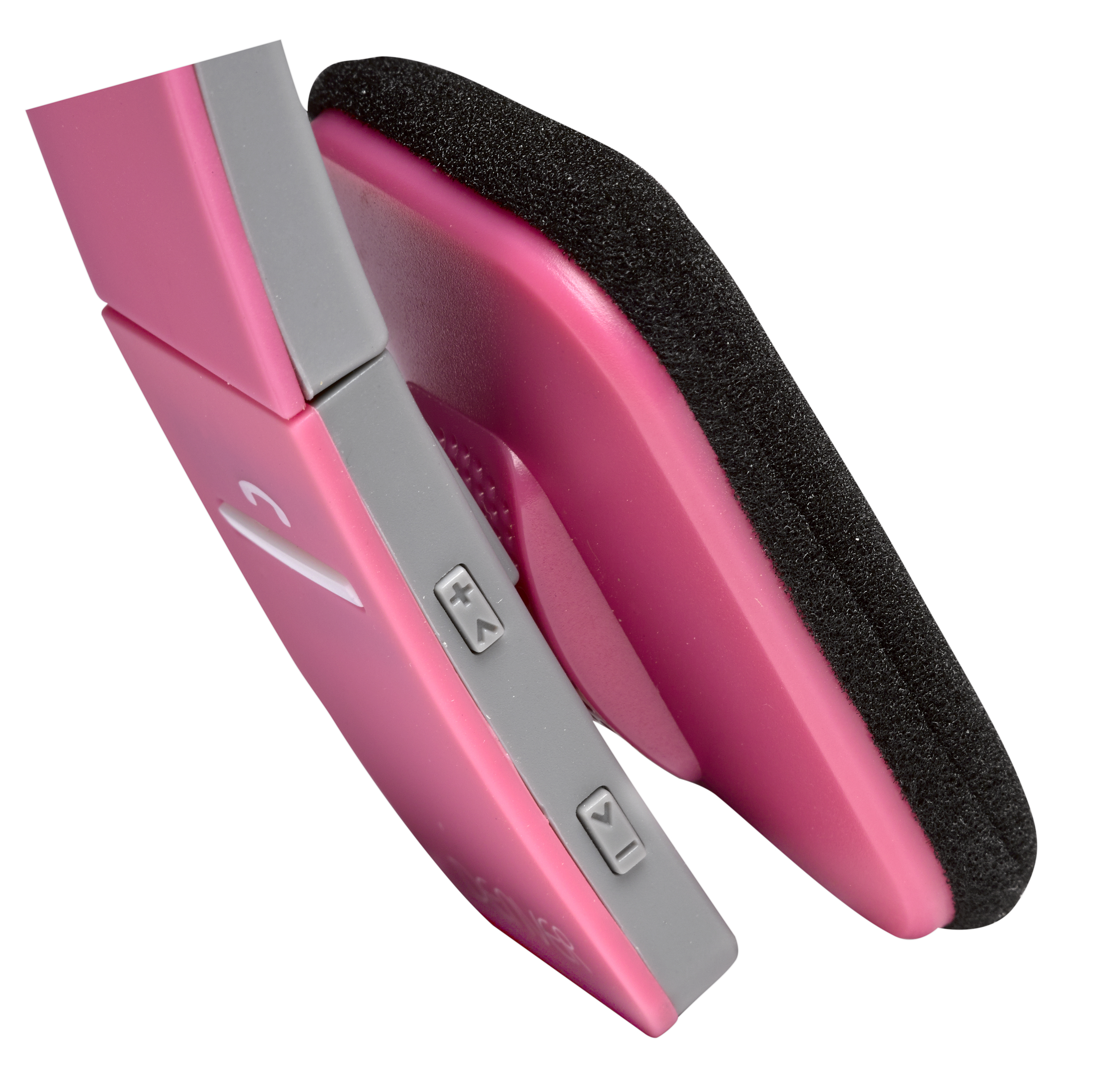 Cuffie rosa e grigie su sfondo bianco. Le cuffie sono piegate e hanno pulsanti di controllo.