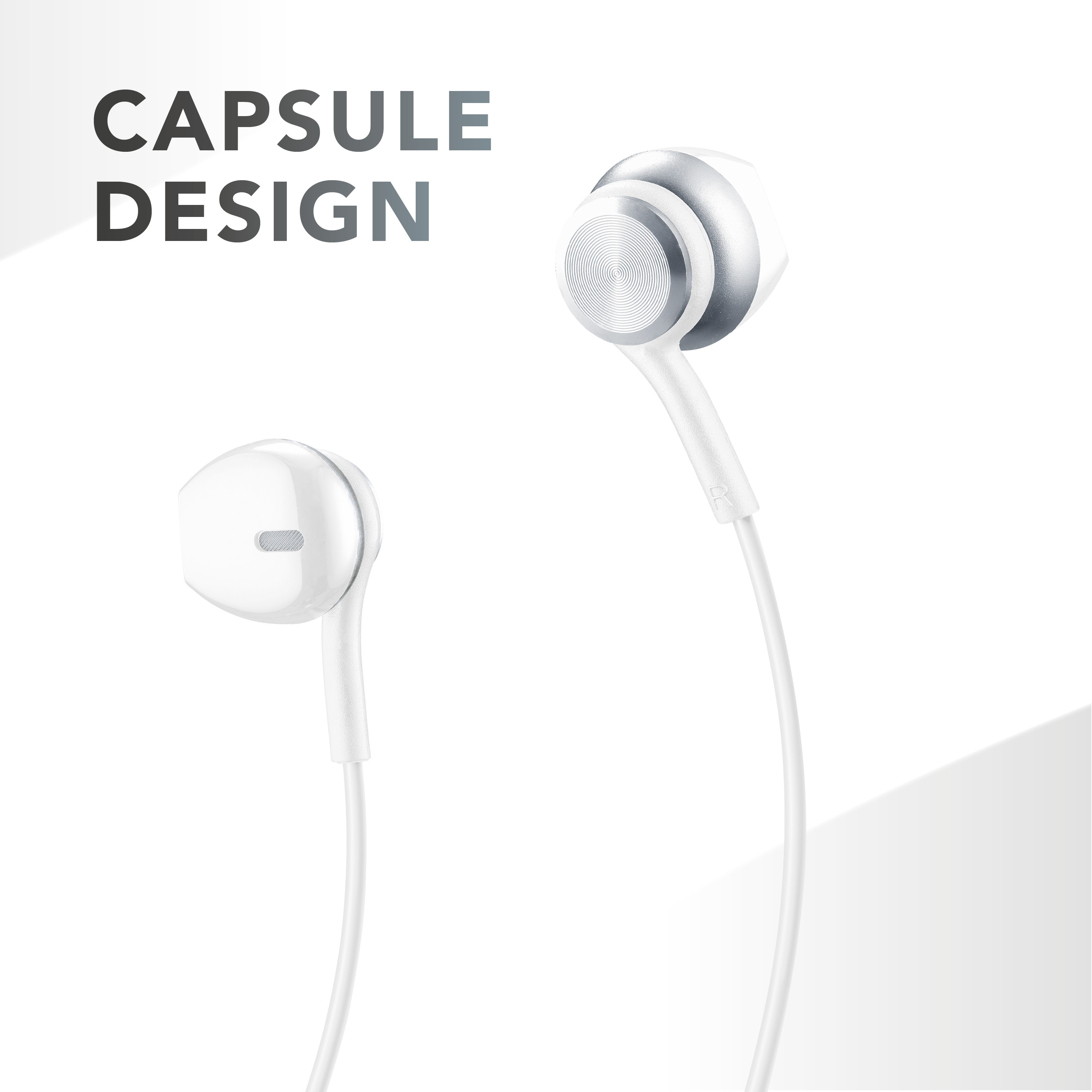 Weiße Ohrhörer mit schlichtem Design und weißem Kabel. Text 'CAPSULE DESIGN', weißer Hintergrund.