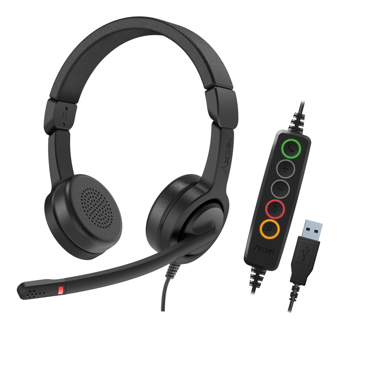 Cuffie nere con connettore USB e controlli in linea. Un microfono è collegato.