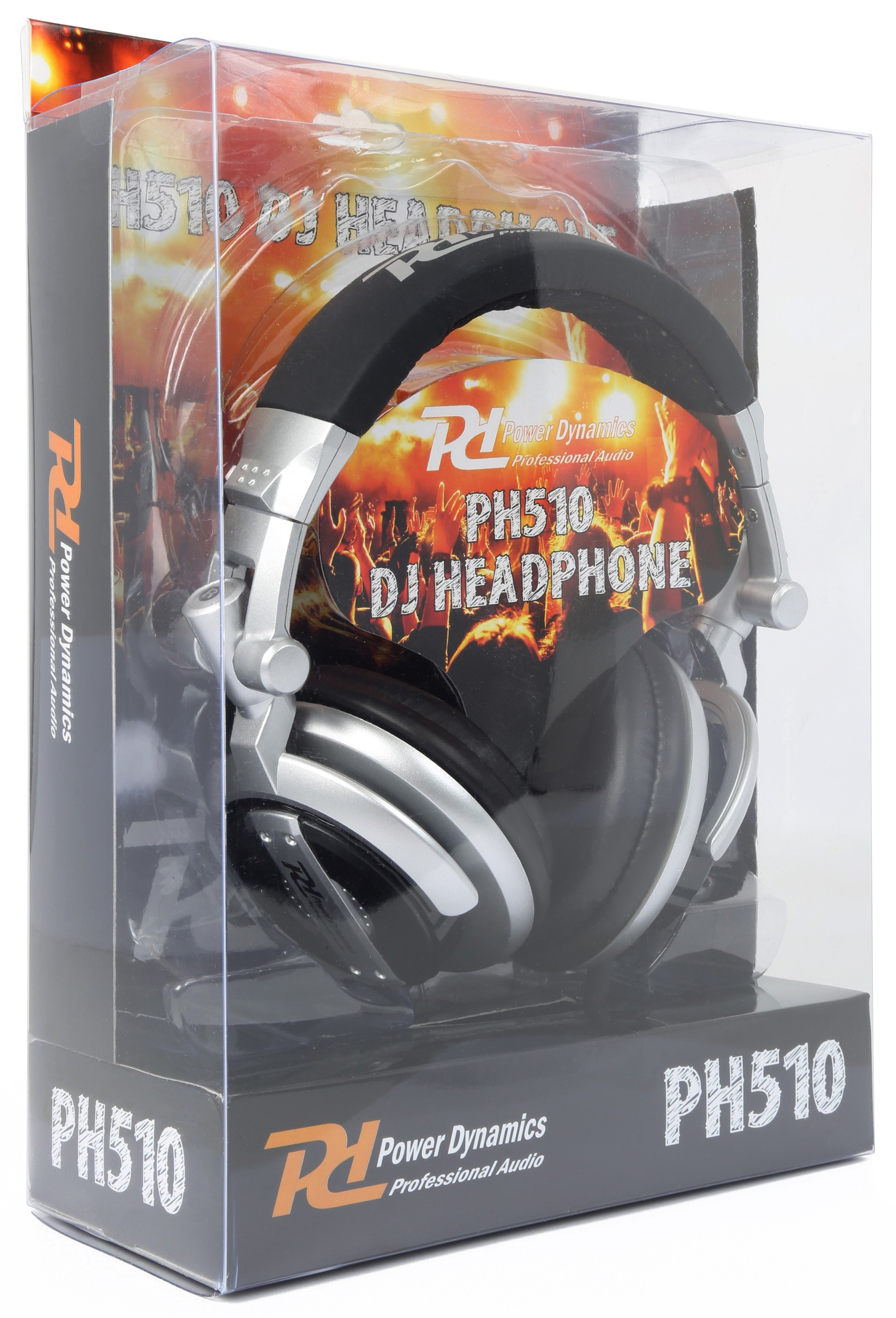 Auriculares en una caja de plástico transparente. Los auriculares son plateados y negros, etiquetados 'PH510'.