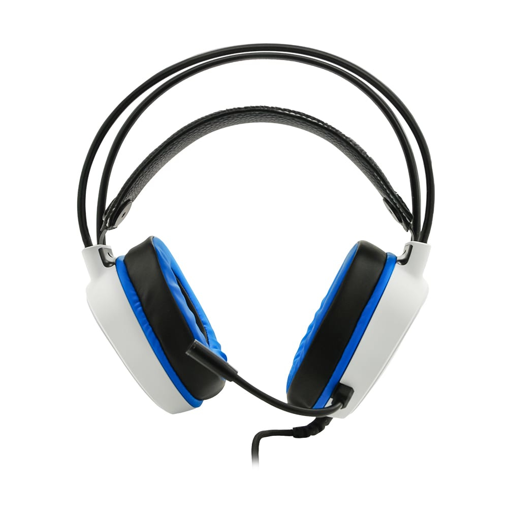 Cuffie bianche, nere e blu. I padiglioni sono blu e l'archetto è nero.