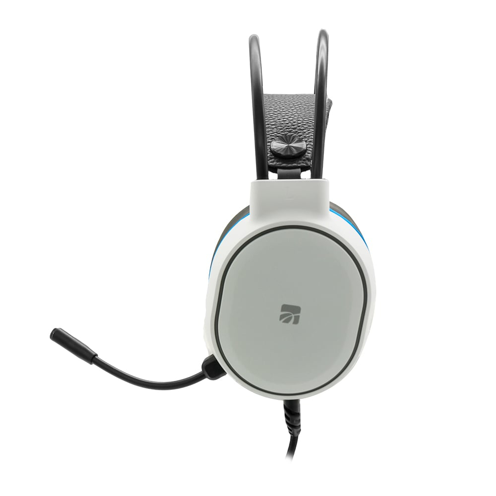 Cuffie da gioco bianche e blu con microfono. Su sfondo bianco.