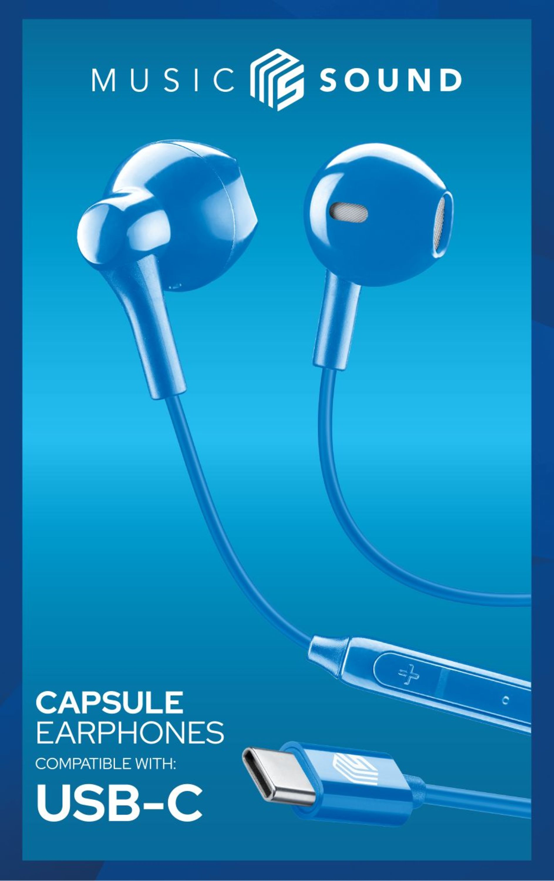 Blaue Kapsel-Ohrhörer mit USB-C-Anschluss, auf blauem Hintergrund.