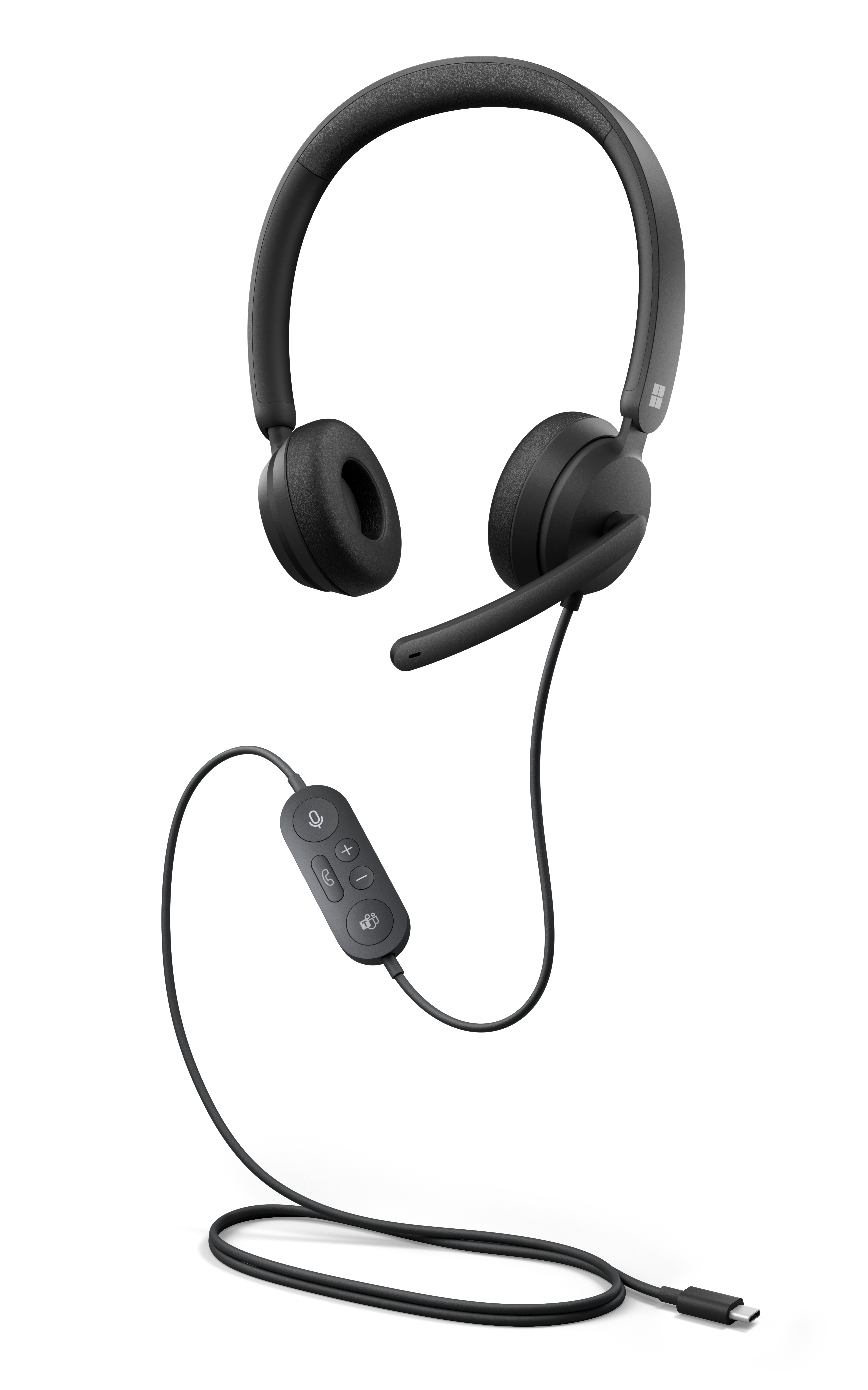 Cuffie Microsoft nere con pannello di controllo e connettore USB-C su sfondo bianco.