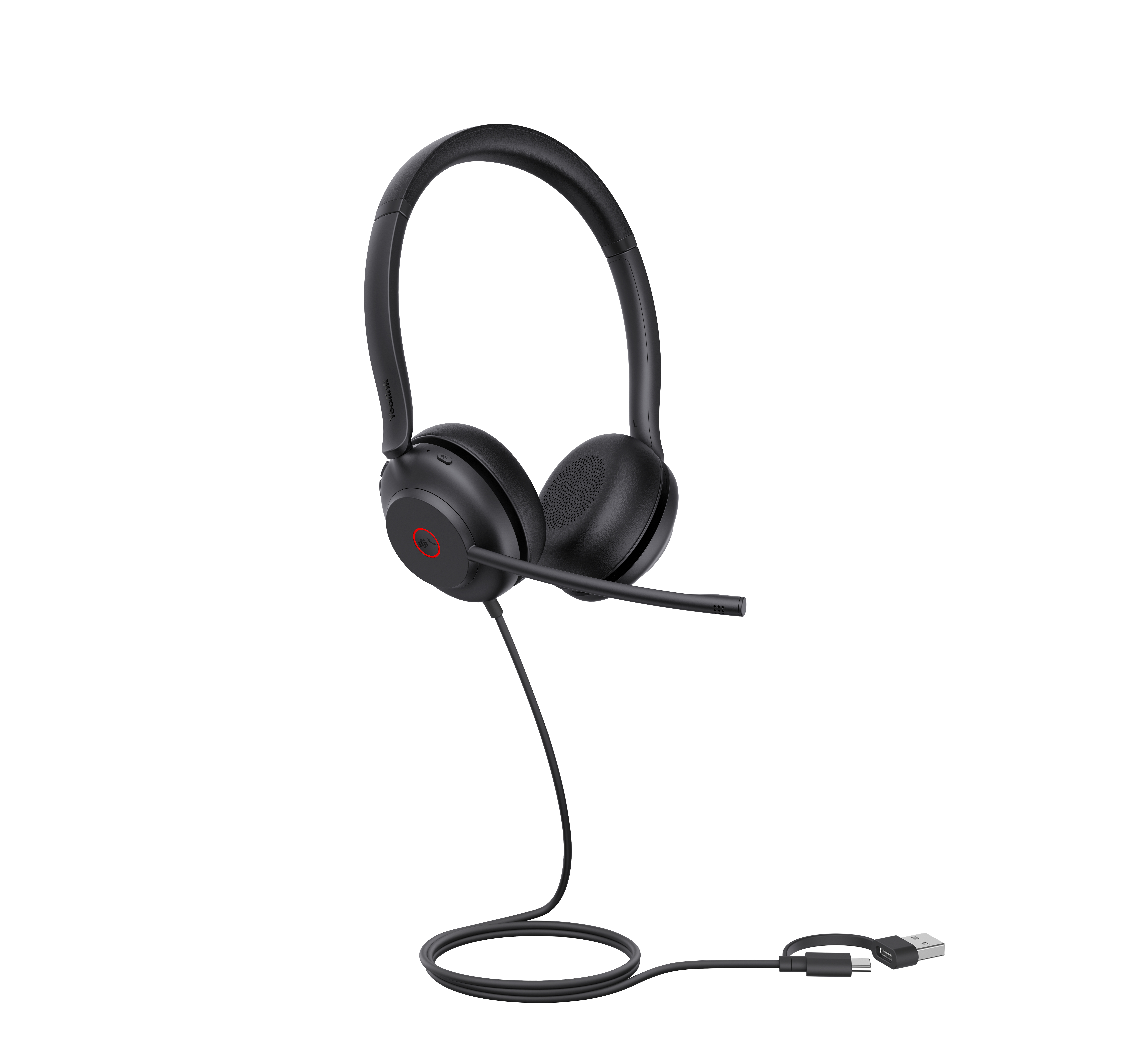 Cuffie nere con microfono, collegate a un cavo con connettore USB e USB-C. Sfondo bianco.