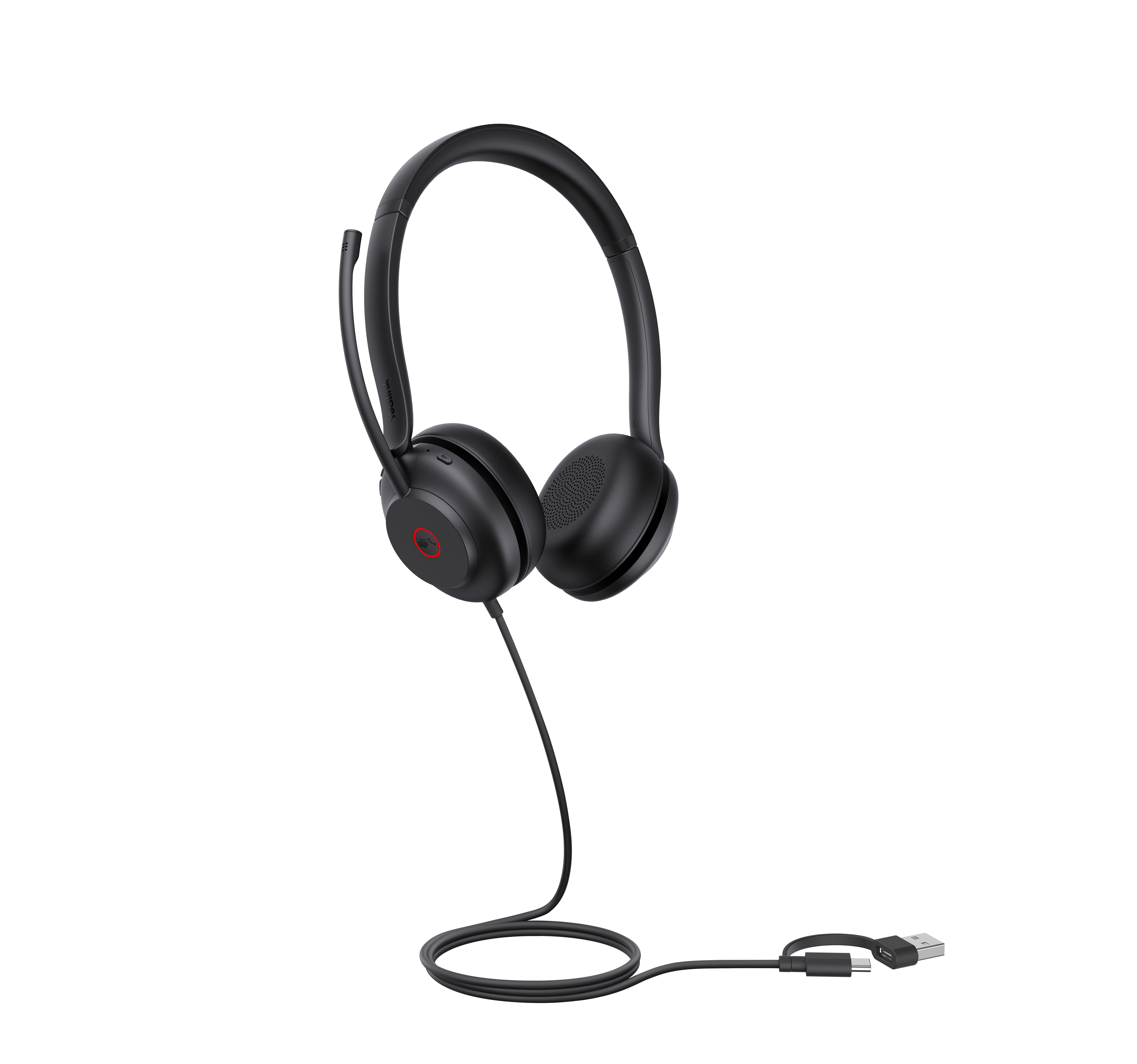 Cuffia nera con microfono e cavo USB-C su sfondo bianco. La cuffia ha un cerchio rosso.