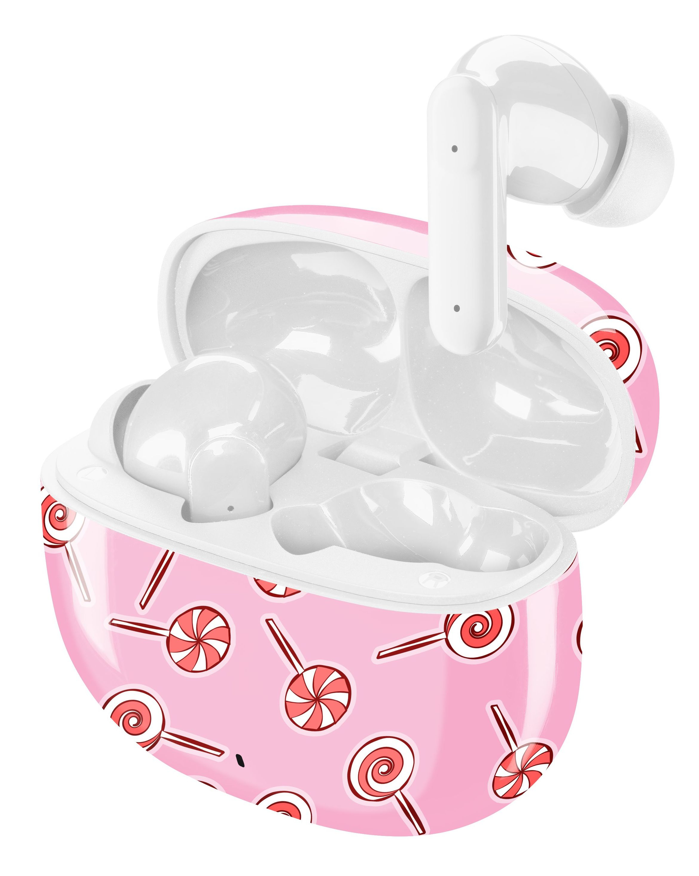 Rosa Gehäuse mit offenem Deckel, zwei weiße Ohrhörer und rosa Lollipop-Muster.