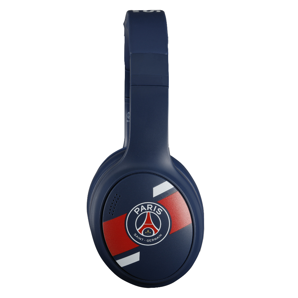 Granatowe słuchawki z logo Paris Saint-Germain. Nauszniczki mają logo.
