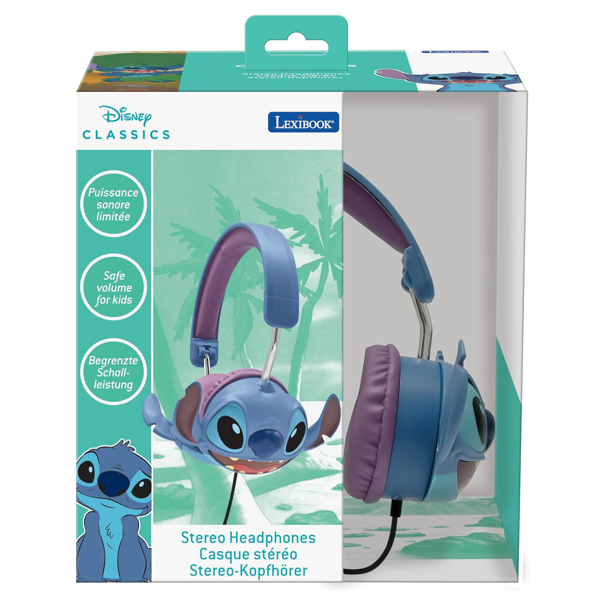 Słuchawki Disney Stitch w pudełku. Słuchawki są niebieskie i fioletowe. Białe tło.
