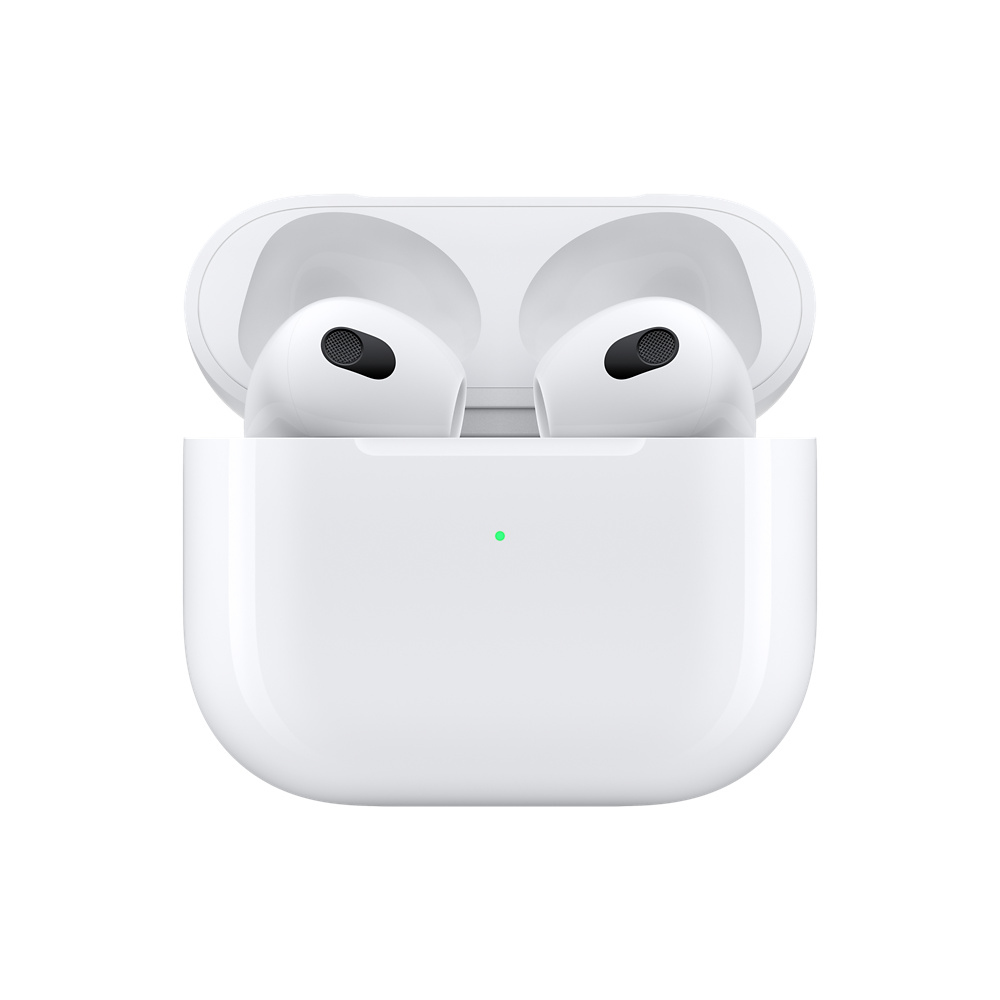 AirPods bianche Apple in una custodia di ricarica aperta su una superficie bianca.