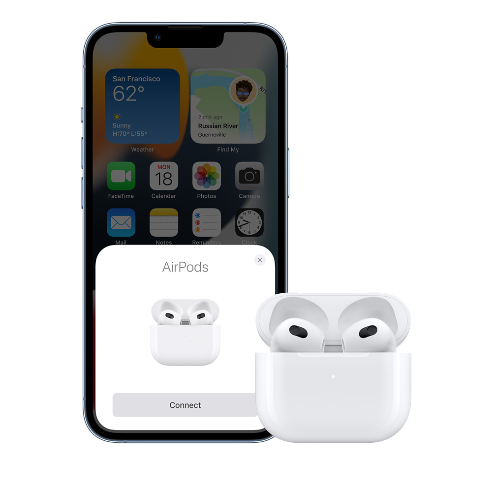 Schermo dell'iPhone che mostra un popup per connettere gli AirPods. Gli AirPods sono nella custodia aperta.