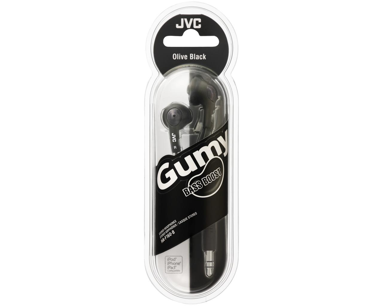 Auricolari JVC Gumy nero oliva nella confezione. Sfondo bianco.