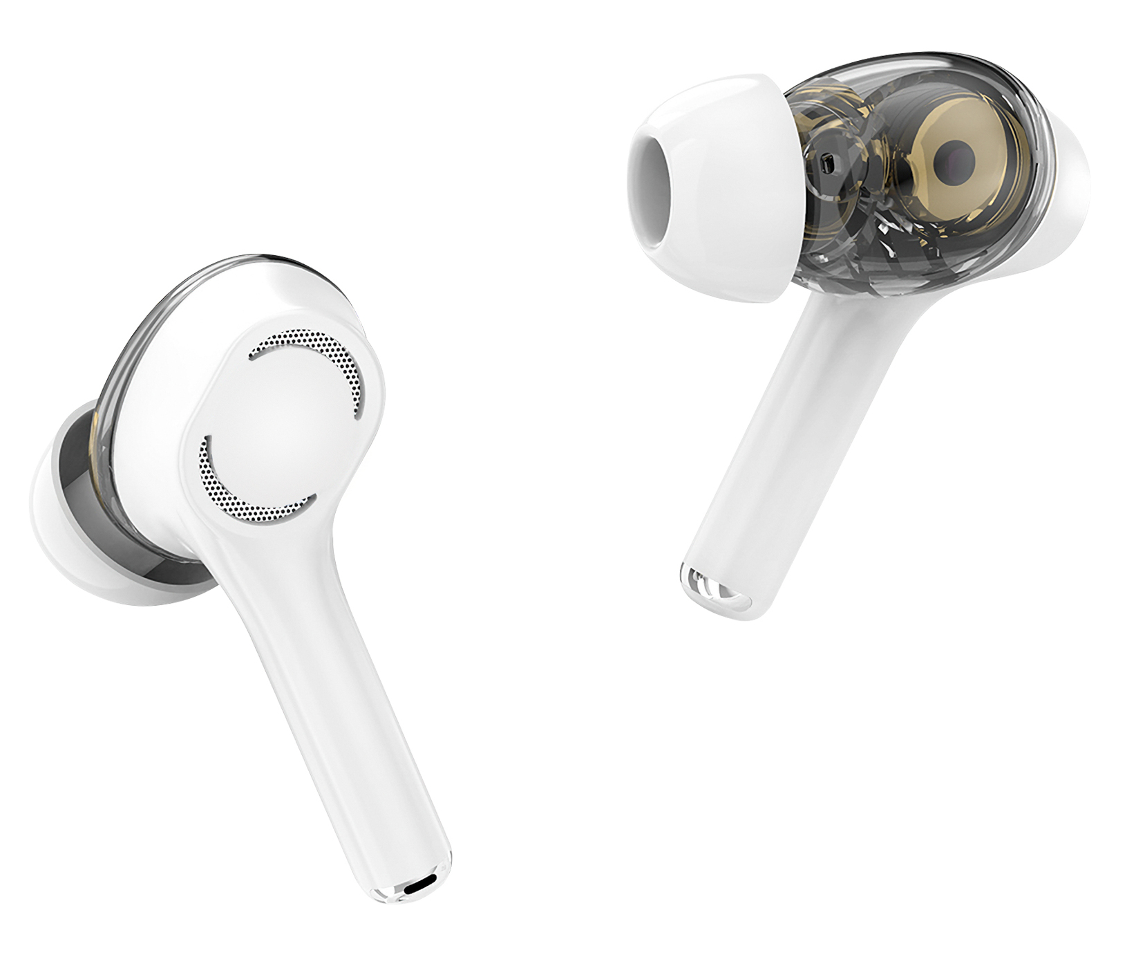 Dwa białe bezprzewodowe słuchawki douszne, jeden pokazujący wewnętrzne komponenty. Białe tło.