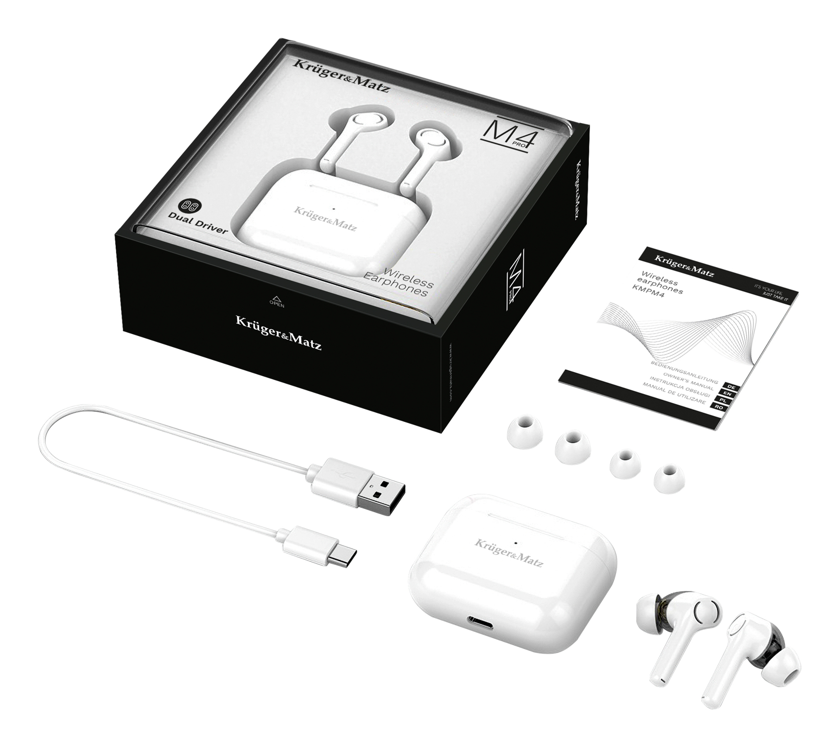 Zapakowane bezprzewodowe słuchawki z akcesoriami. Zawiera kabel ładujący, dodatkowe wkładki douszne i instrukcję.