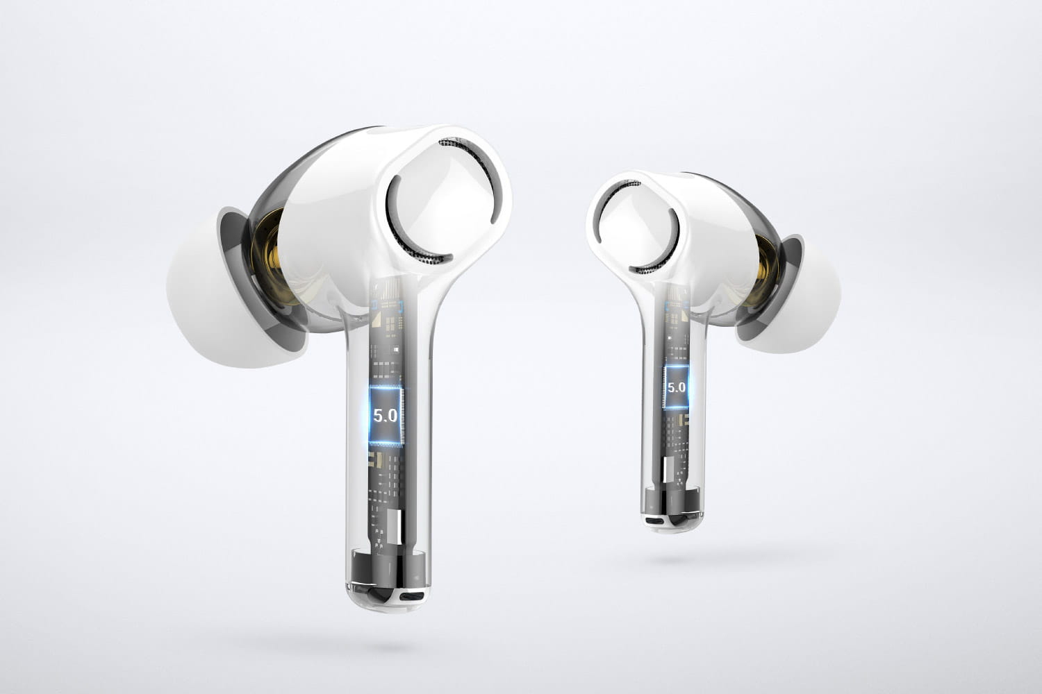 Białe słuchawki z widocznymi elementami wewnętrznymi.