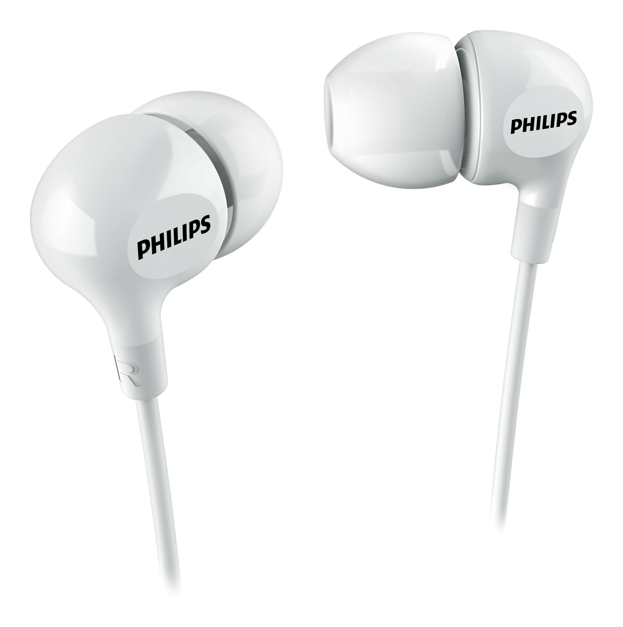 Witte Philips-oordopjes met het Philips-logo. De draden zijn wit.