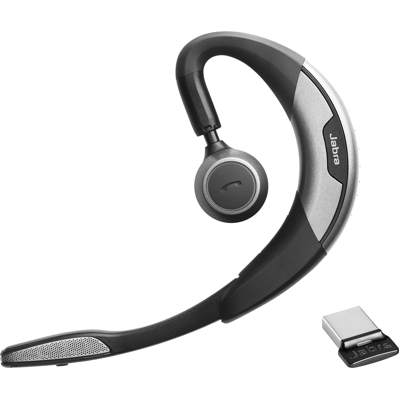Cuffia Bluetooth Jabra nera e grigia con ricevitore USB, su bianco.