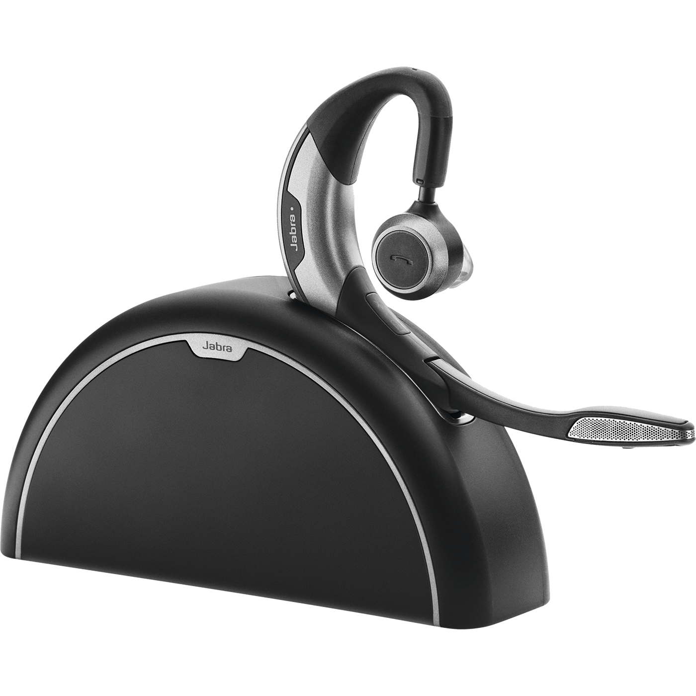 Cuffie Jabra nere e argento. È in una base di ricarica. Il design è elegante e moderno.