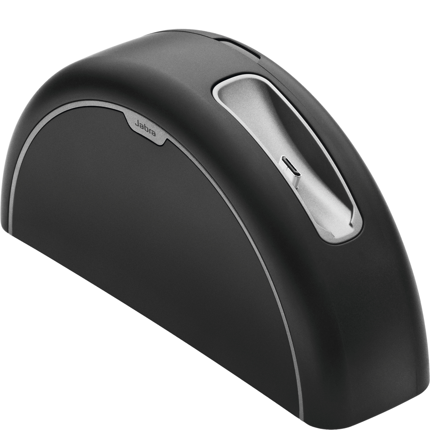 Dispositivo Jabra nero a forma di mouse con accento argentato, su sfondo bianco.