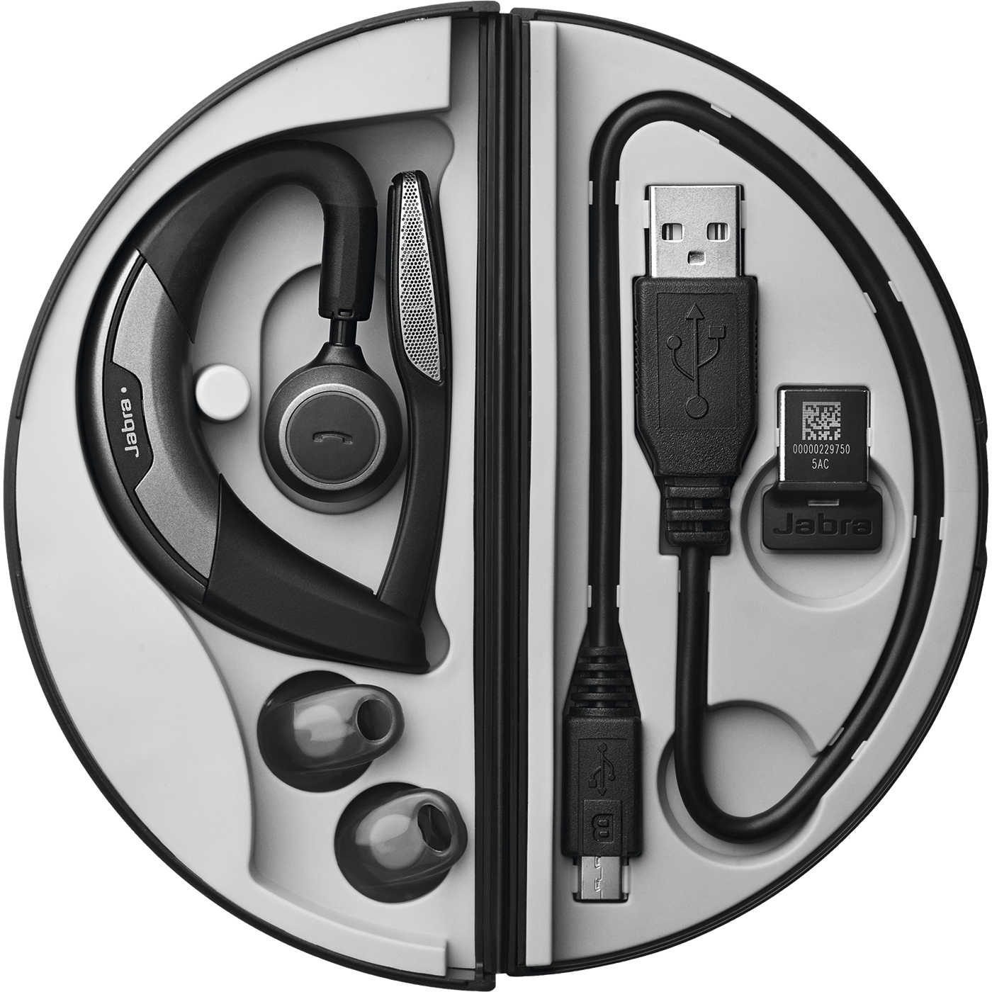 Cuffie, base di ricarica, cavo USB e scheda in custodia.