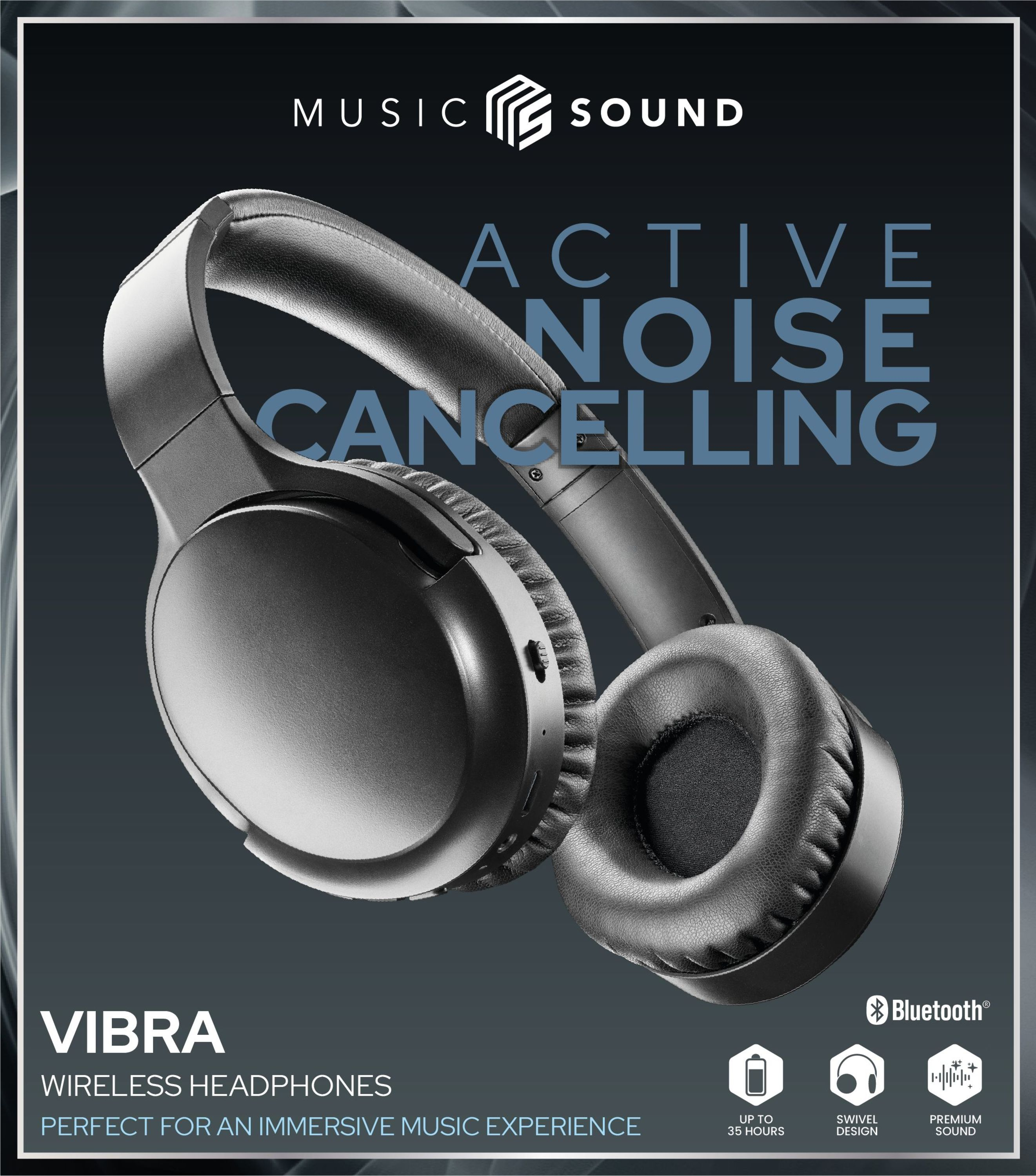 Schwarze Kopfhörer mit Text Active Noise Cancelling. Bluetooth-Symbol in der Ecke.
