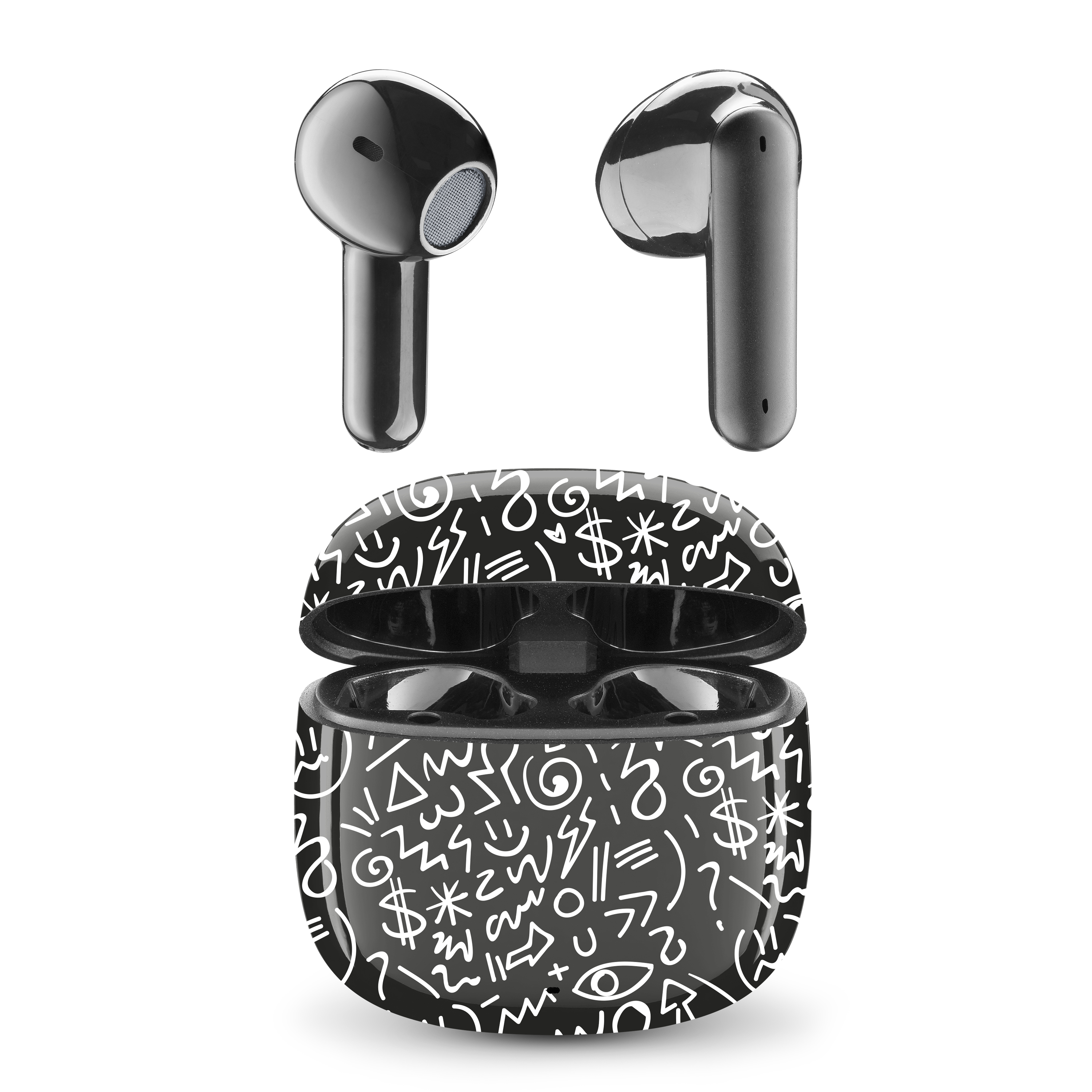 Schwarze Ohrhörer und ein schwarzes Etui mit weißem Doodle-Muster. Die Ohrhörer sind vom Etui getrennt.