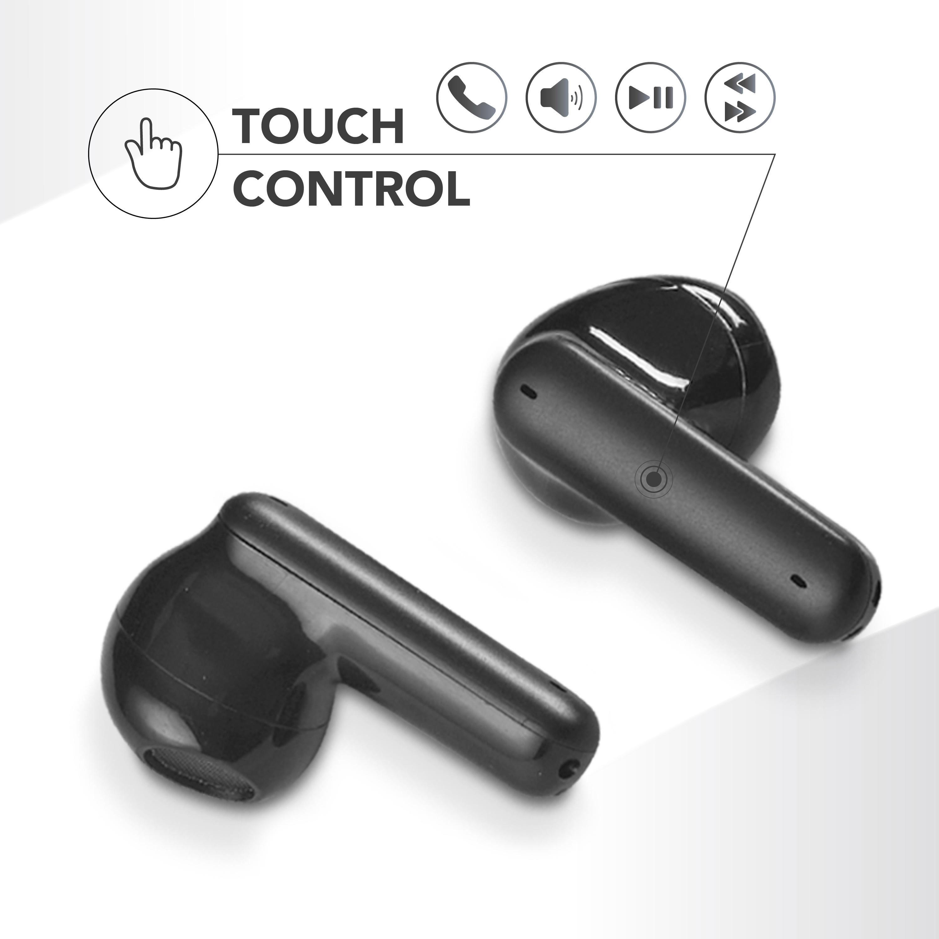 Schwarze Ohrhörer mit Touch-Steuerungsfunktionen. Das Bild zeigt Touch-Steuerungssymbole. Weißer Hintergrund.