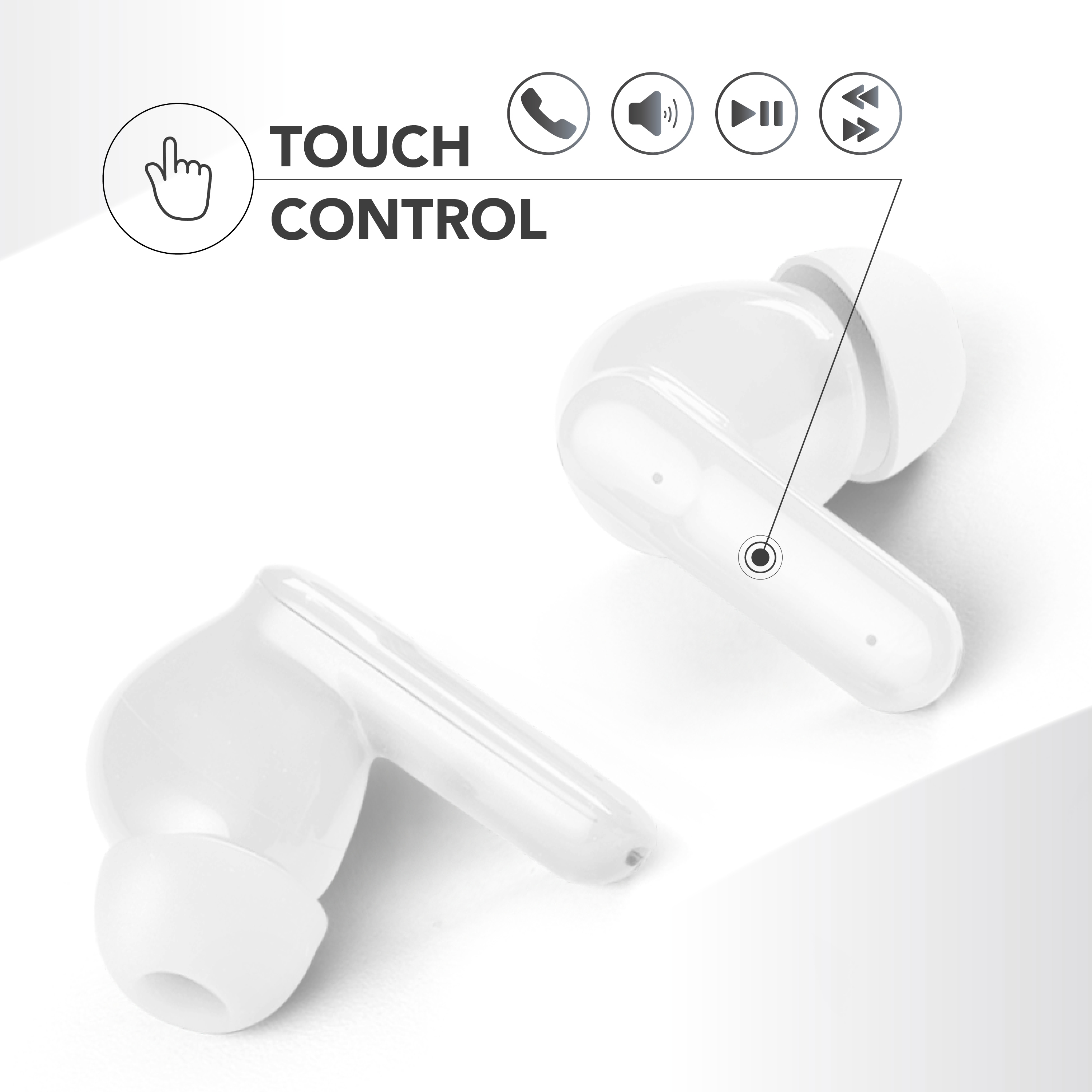 Weiße Ohrhörer mit Touch-Control-Symbolen. Zwei Ohrhörer sind sichtbar. Weißer Hintergrund.