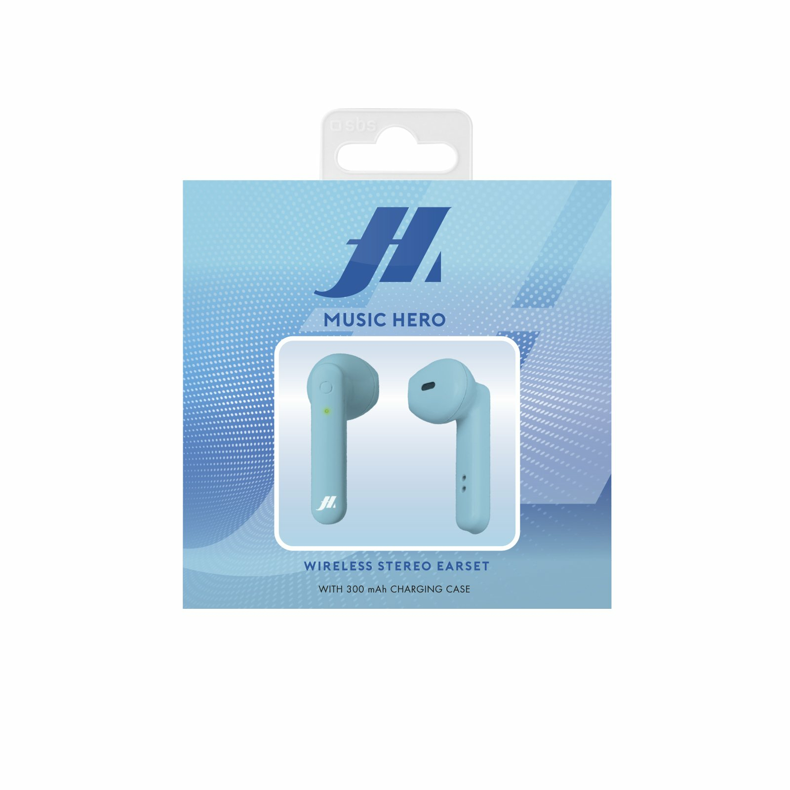 Auricolari wireless azzurri in una scatola. La scatola dice 'MUSIC HERO' e 'WIRELESS STEREO EARSET'.