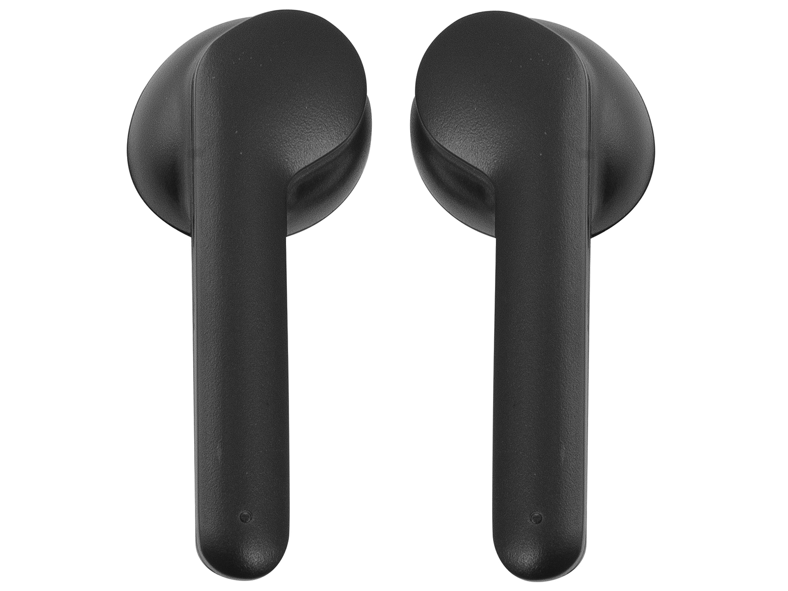 Due auricolari wireless neri, con un design liscio e arrotondato, isolati su sfondo bianco.