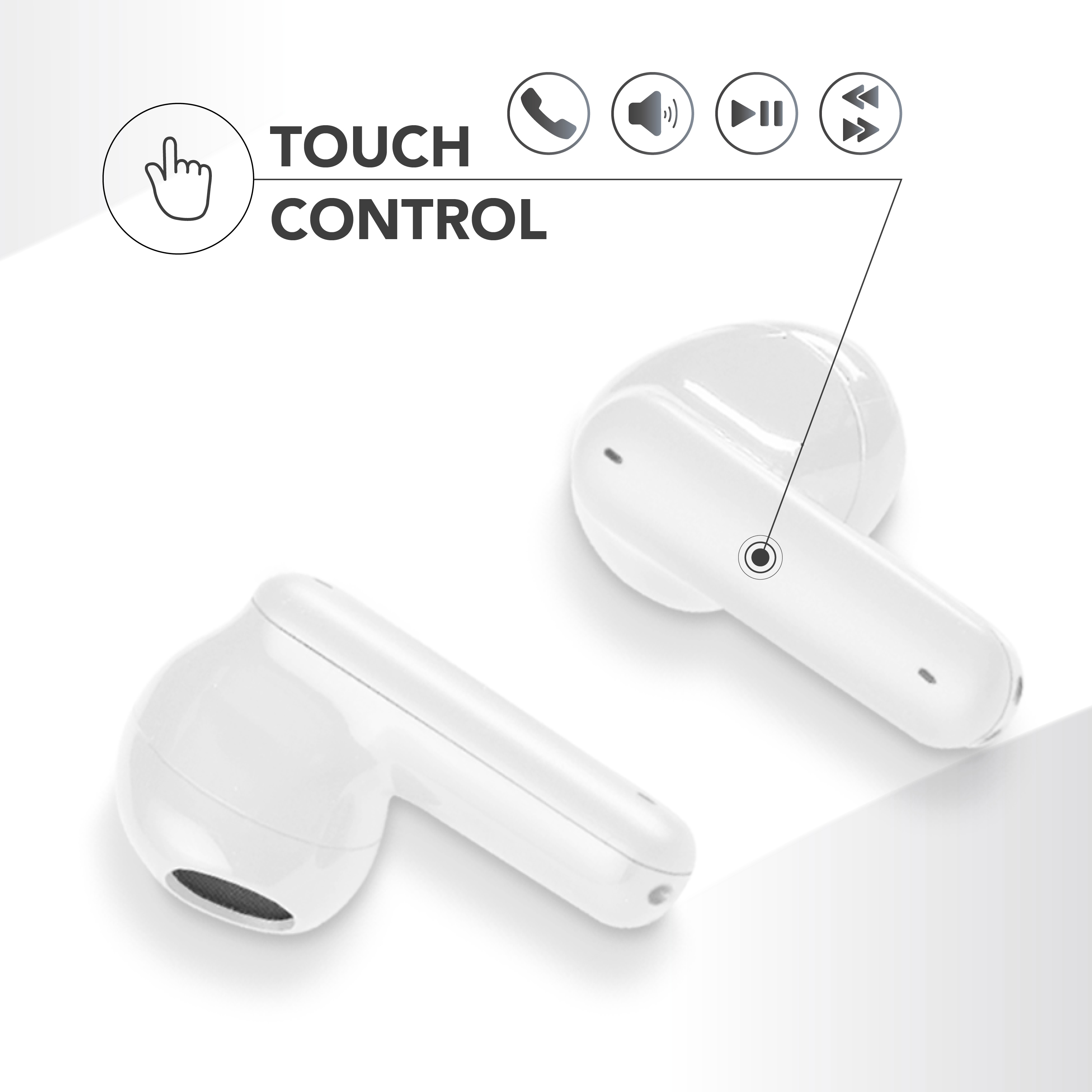 Zwei weiße Ohrhörer mit Touch-Steuerungssymbolen. Weißer Hintergrund. Ein Ohrhörer hat einen Punkt.