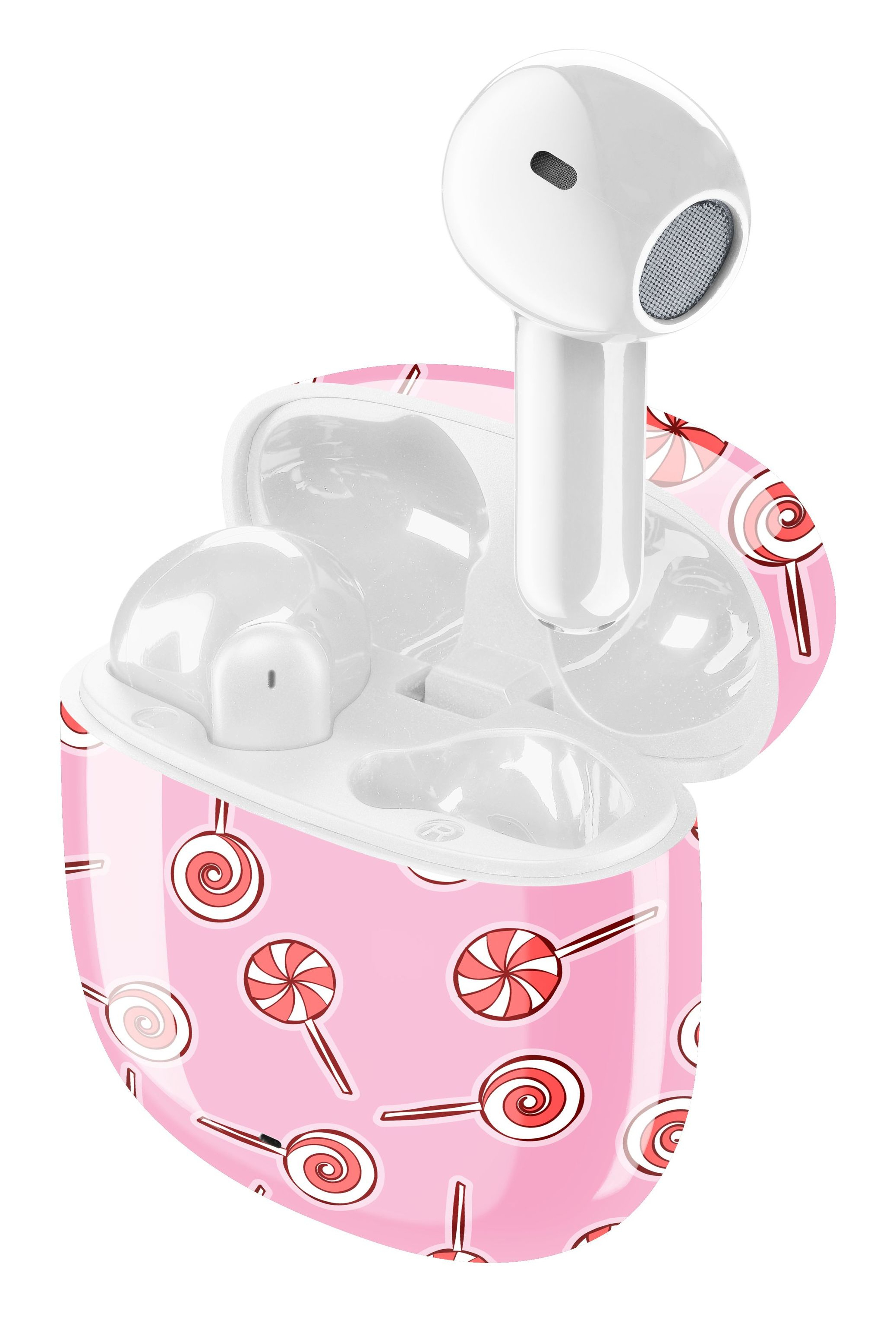 Weiße Ohrhörer, einer in einem rosa Hülle mit Lollipop-Muster, der andere draußen. Weißer Hintergrund.