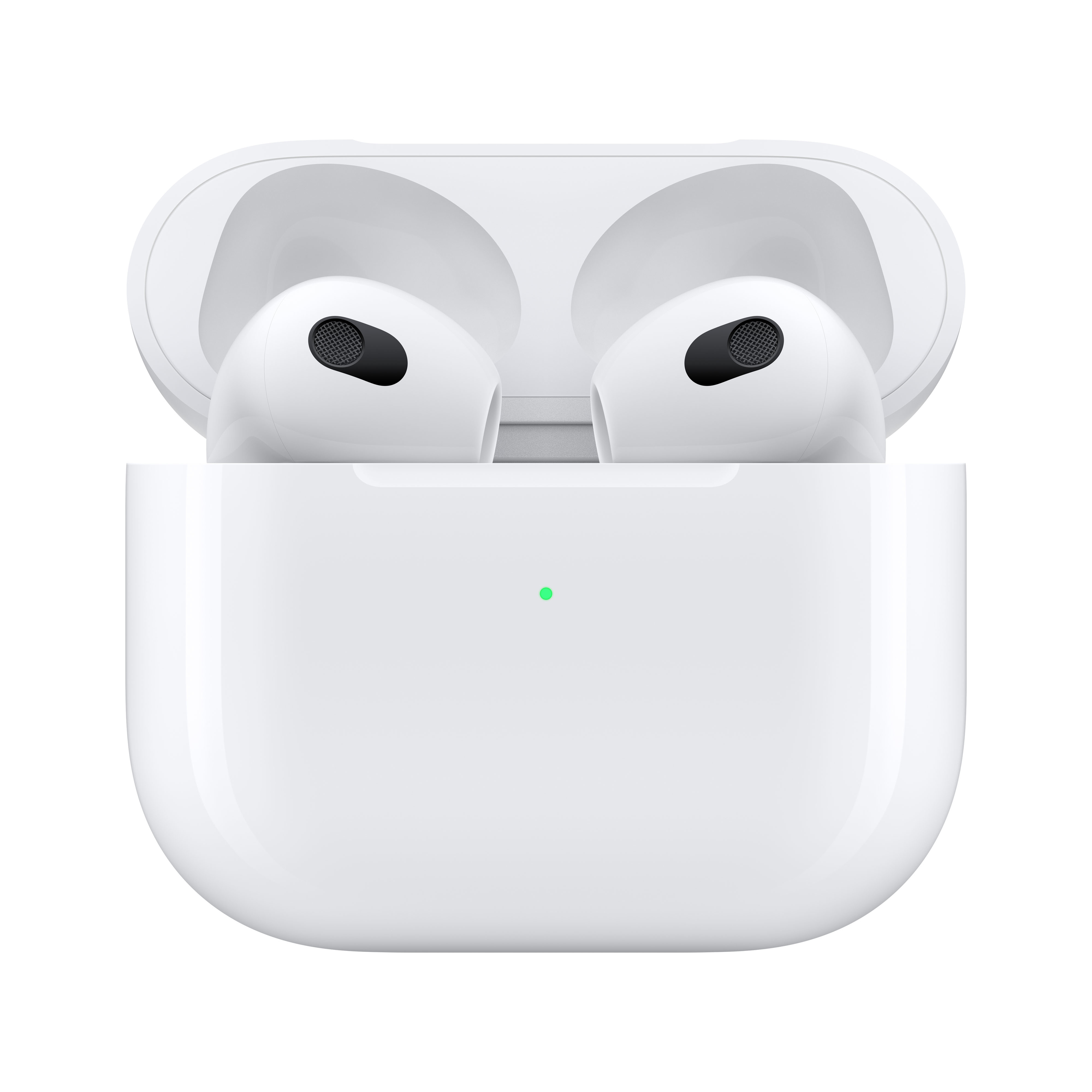 Białe Apple AirPods Pro w otwartym etui ładującym. Widoczne są dwie słuchawki.