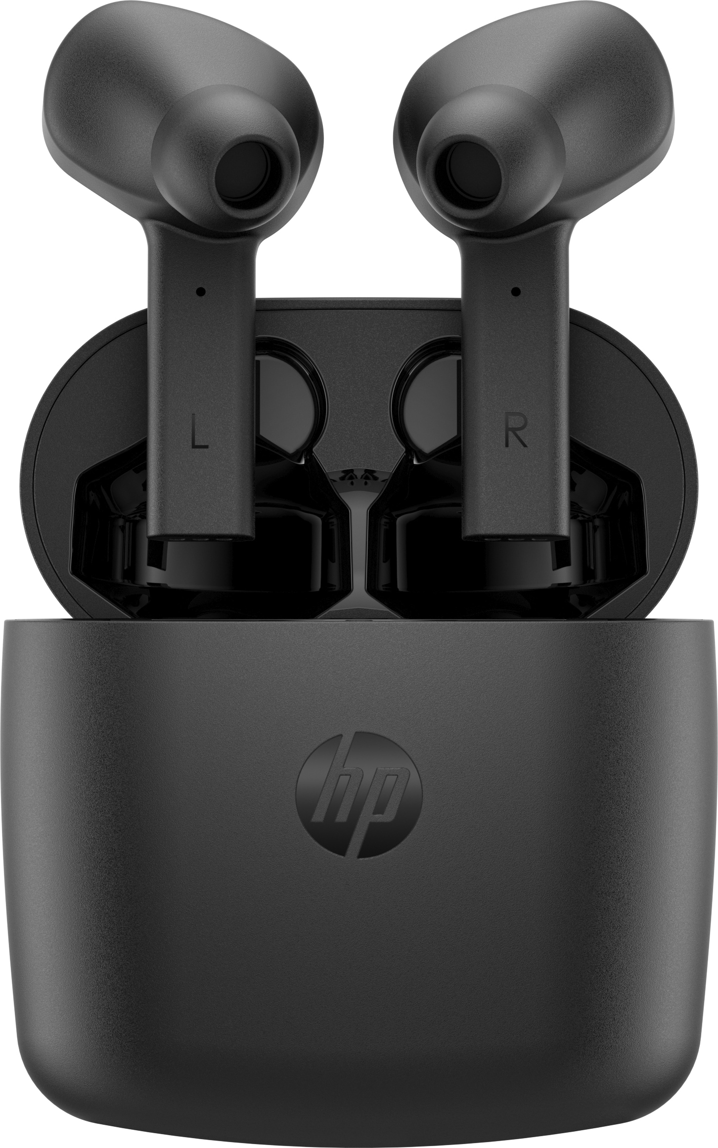 Schwarze kabellose Ohrhörer in einem Ladecase mit 'HP'-Logo. 'L' und 'R' auf den Ohrhörern markiert.