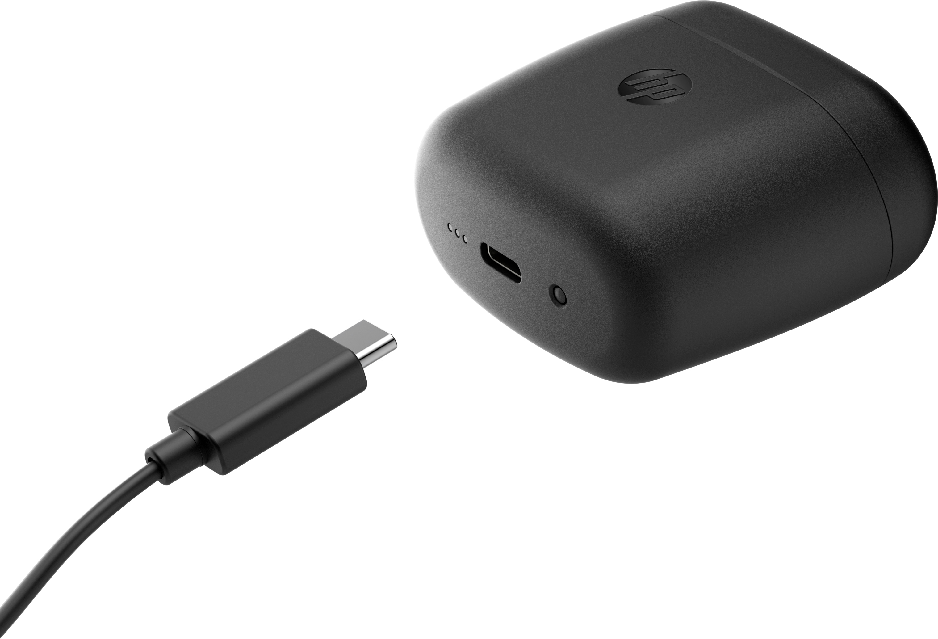 Schwarzes HP-Ladeetui und ein USB-C-Kabel. Das Etui hat ein HP-Logo.