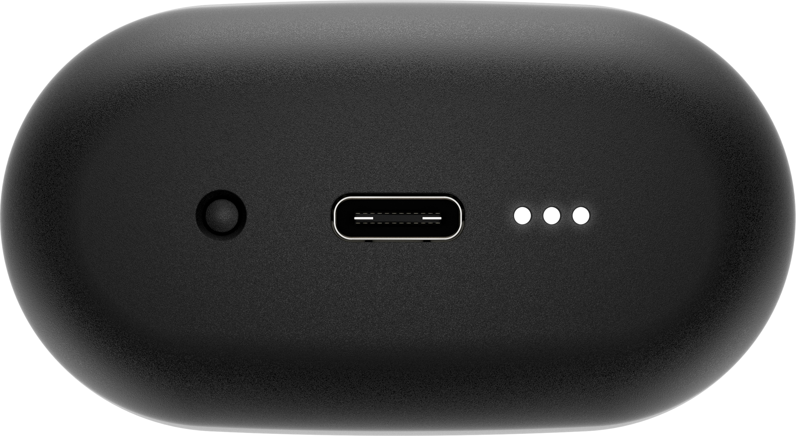 Schwarzes Ladecase mit USB-C-Anschluss, kleinem Knopf und drei Kontrollleuchten.