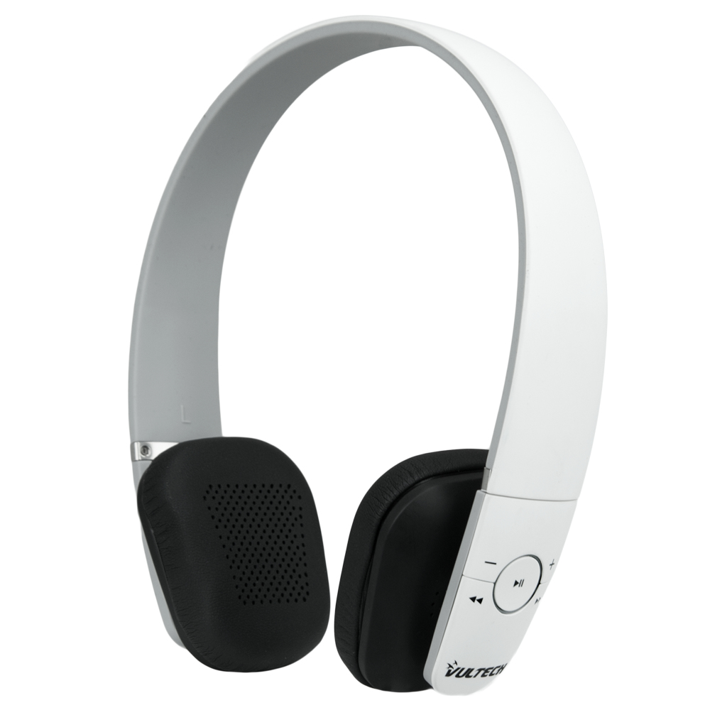 Cuffie bianche con padiglioni neri. Pulsanti visibili, con il marchio 'VULTECH' sull'auricolare.