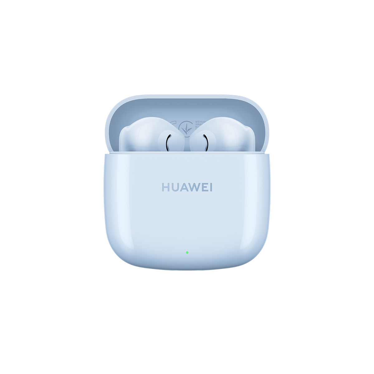 Custodia per auricolari azzurra con auricolari bianchi all'interno. La parola 'HUAWEI' è visibile.
